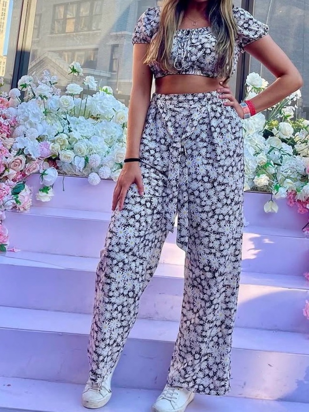 Lily Rose Black & White Floral Wide-Leg Crop Top and Pants Set